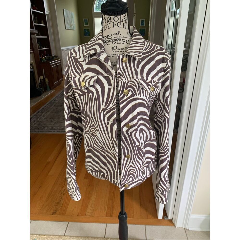 J. McLaughlin Coby Jacket in a brown and cream zebra print with gold buttons